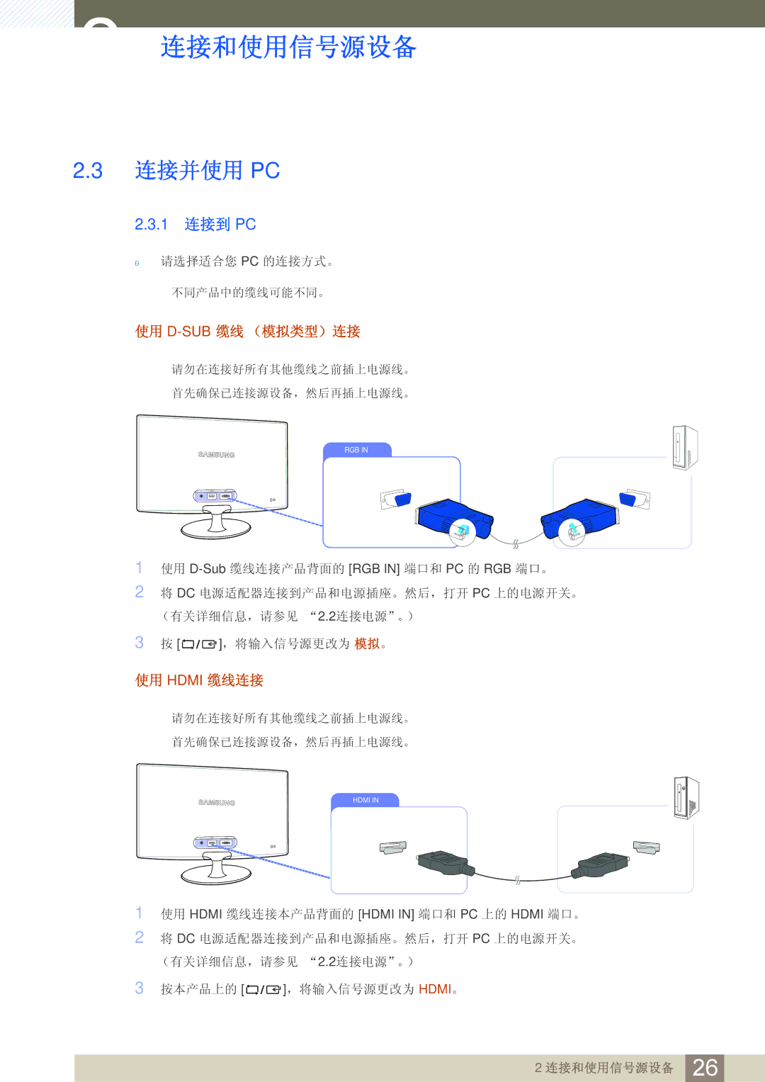 Samsung LS22B350TS/EN, LS24B350TL/EN, LS23B350TS/EN manual 连接并使用 Pc, 1 连接到 PC 