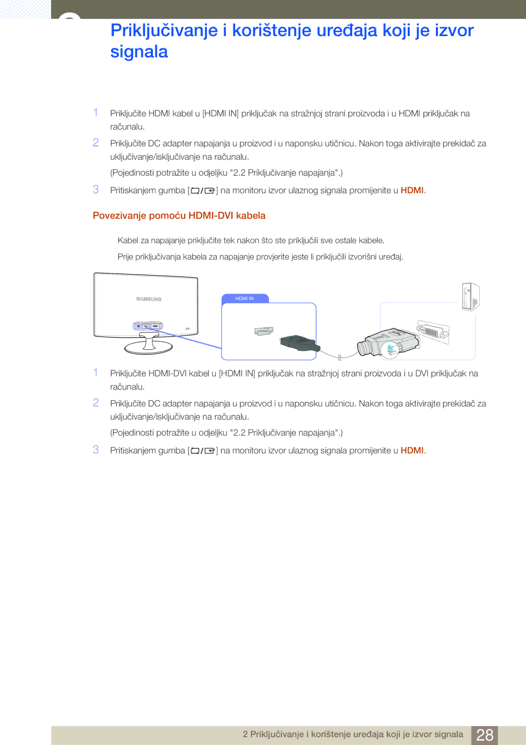 Samsung LS23B350TS/EN, LS24B350TL/EN, LS22B350TS/EN manual Povezivanje pomoću HDMI-DVI kabela 