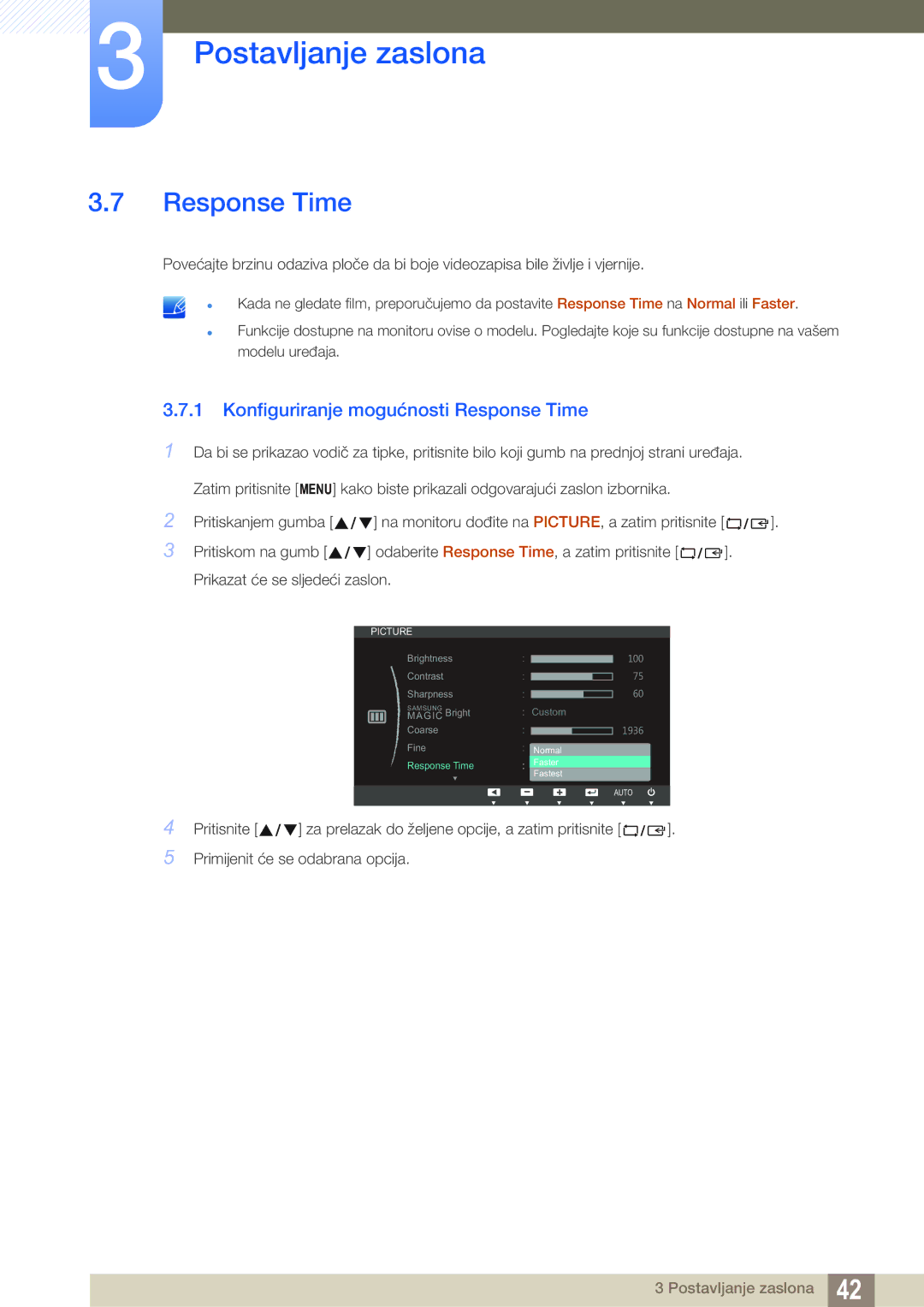 Samsung LS24B350TL/EN, LS23B350TS/EN, LS22B350TS/EN manual Konfiguriranje mogućnosti Response Time 