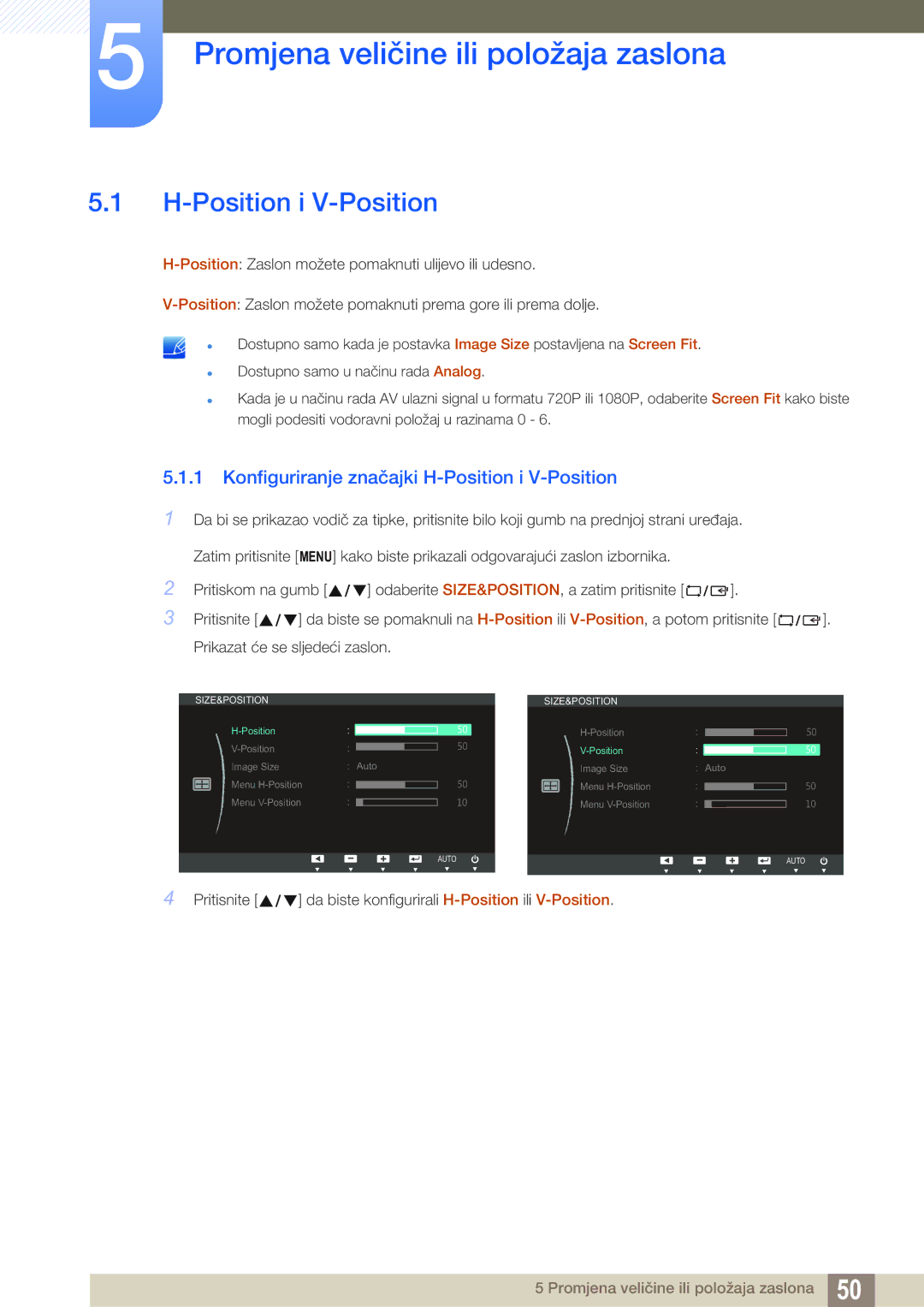 Samsung LS22B350TS/EN, LS24B350TL/EN, LS23B350TS/EN manual Promjena veličine ili položaja zaslona, Position i V-Position 