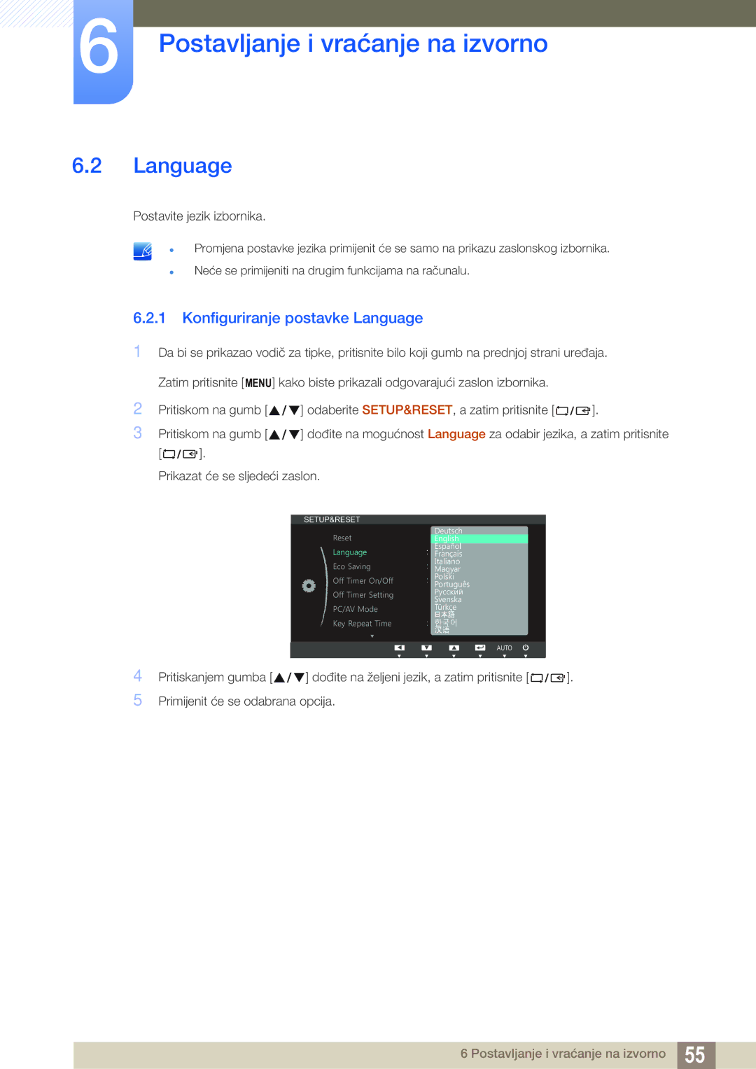 Samsung LS23B350TS/EN, LS24B350TL/EN, LS22B350TS/EN manual Konfiguriranje postavke Language 