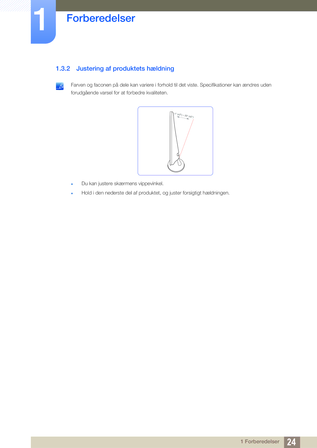 Samsung LS24B350TL/EN, LS23B350TS/EN manual Justering af produktets hældning 