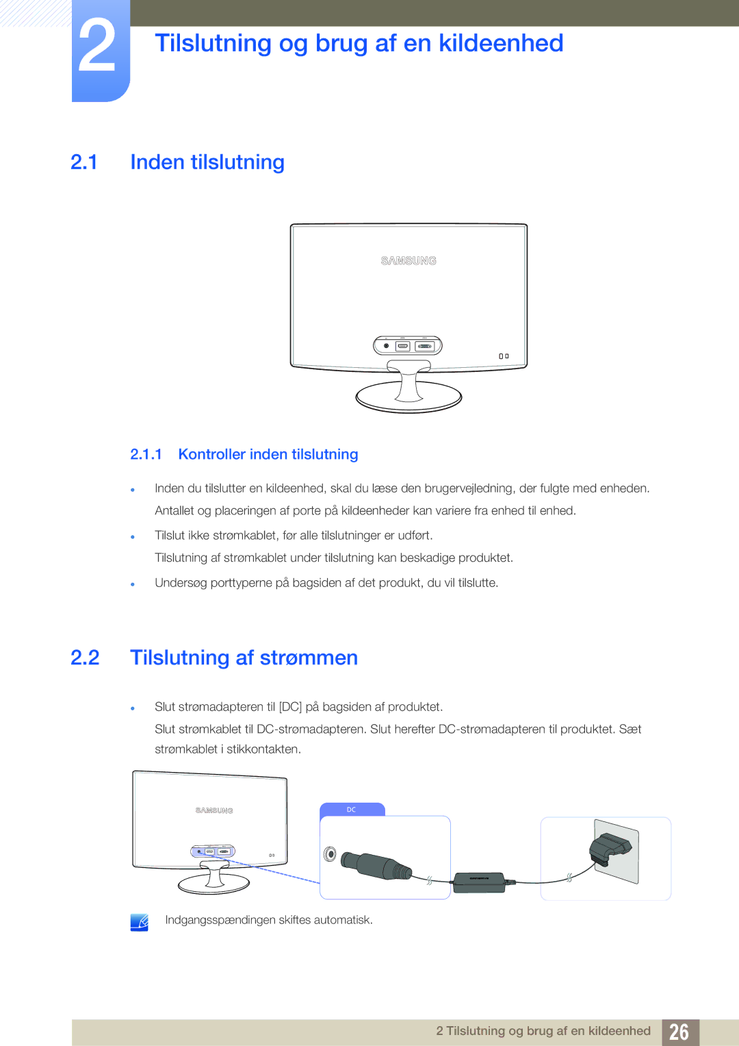 Samsung LS24B350TL/EN, LS23B350TS/EN manual Tilslutning og brug af en kildeenhed, Inden tilslutning, Tilslutning af strømmen 