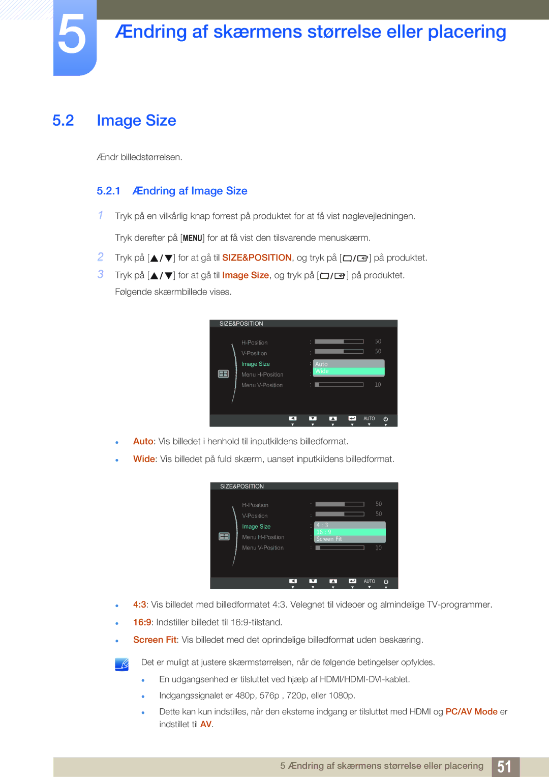 Samsung LS23B350TS/EN, LS24B350TL/EN manual 1 Ændring af Image Size 