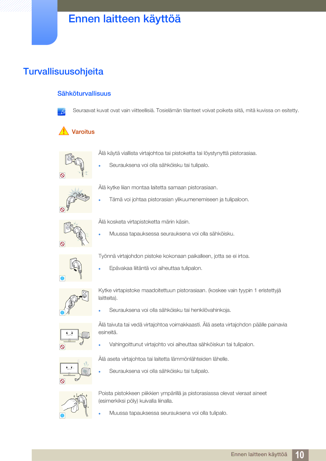 Samsung LS24B350TL/EN, LS23B350TS/EN manual Turvallisuusohjeita, Sähköturvallisuus 