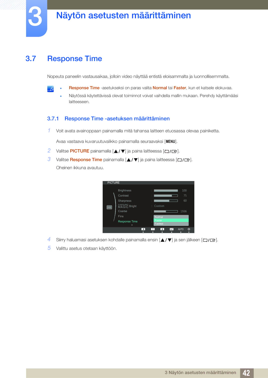 Samsung LS24B350TL/EN, LS23B350TS/EN manual Response Time -asetuksen määrittäminen 