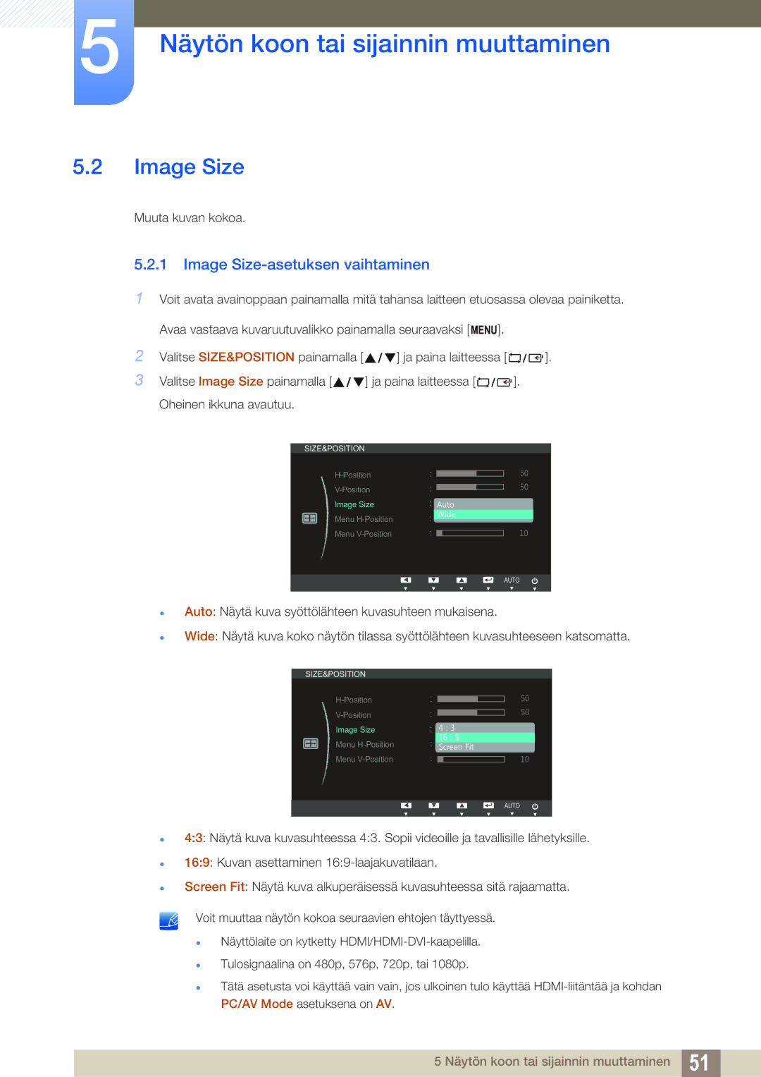 Samsung LS23B350TS/EN, LS24B350TL/EN manual Image Size-asetuksen vaihtaminen 