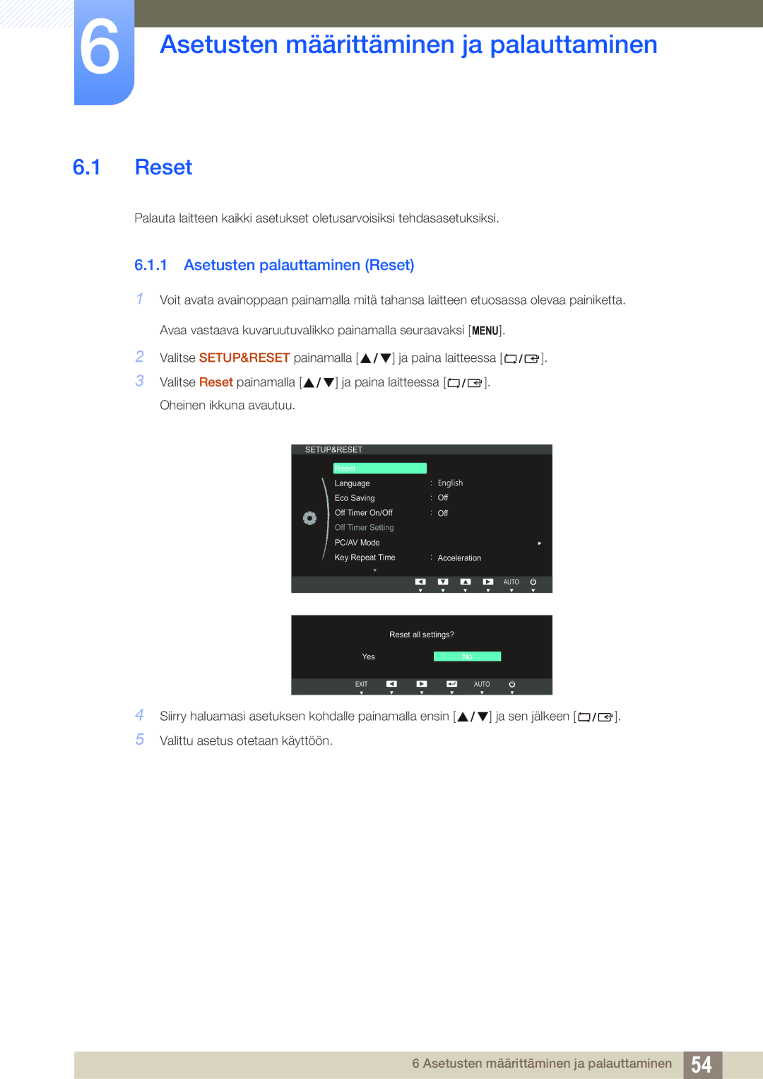 Samsung LS24B350TL/EN, LS23B350TS/EN manual Asetusten määrittäminen ja palauttaminen, Asetusten palauttaminen Reset 