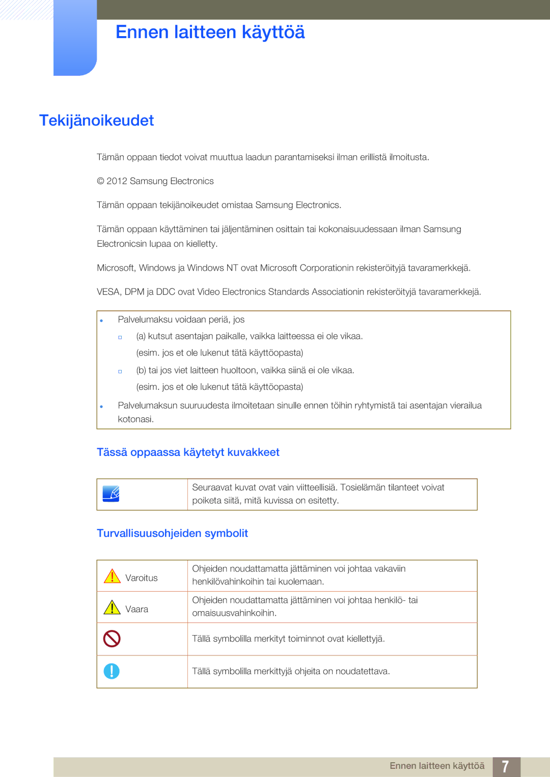 Samsung LS23B350TS/EN, LS24B350TL/EN manual Ennen laitteen käyttöä, Tekijänoikeudet, Tässä oppaassa käytetyt kuvakkeet 