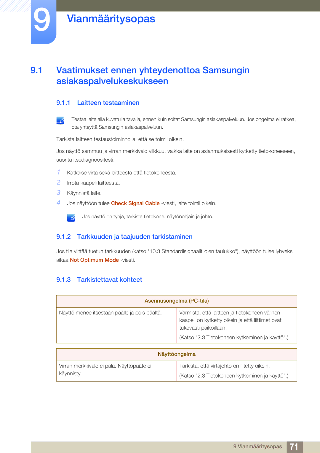 Samsung LS23B350TS/EN, LS24B350TL/EN manual Vianmääritysopas, Laitteen testaaminen, Tarkkuuden ja taajuuden tarkistaminen 