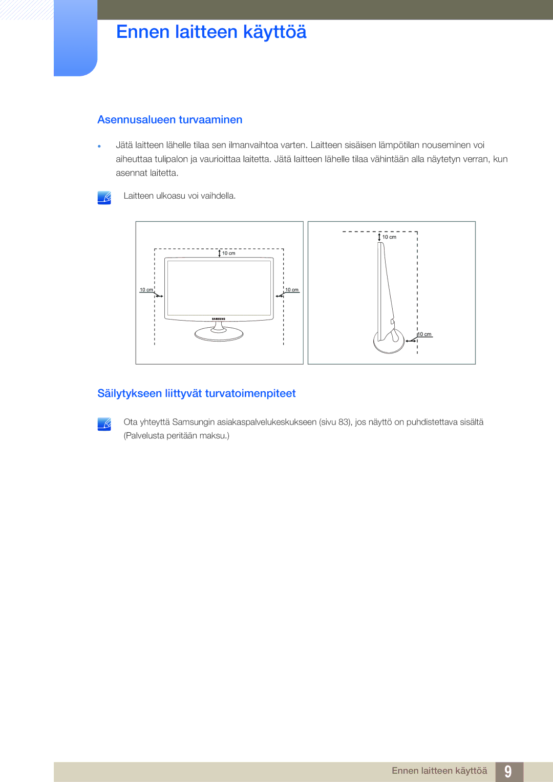 Samsung LS23B350TS/EN, LS24B350TL/EN manual Asennusalueen turvaaminen, Säilytykseen liittyvät turvatoimenpiteet 