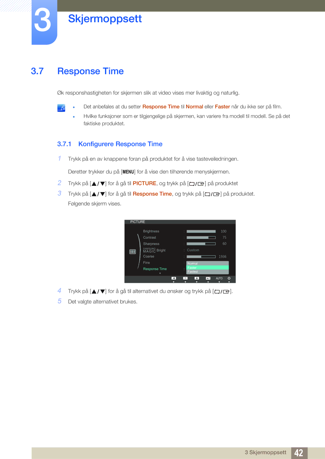 Samsung LS24B350TL/EN, LS23B350TS/EN manual Konfigurere Response Time 