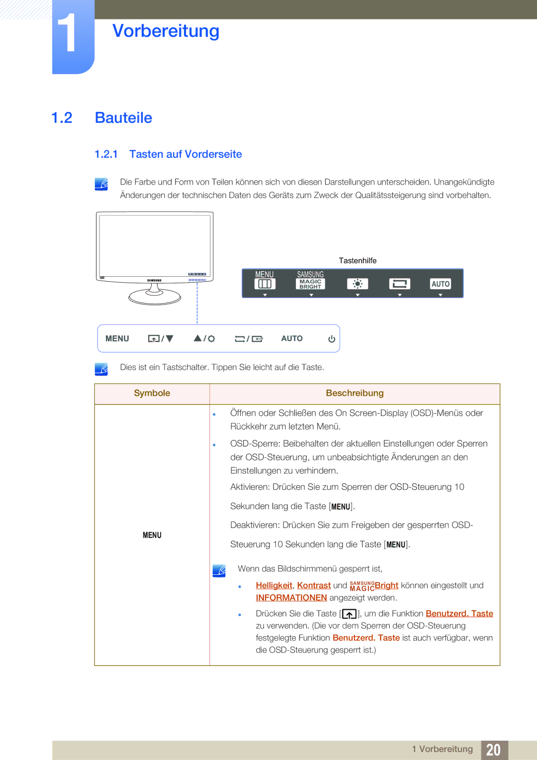 Samsung LS24B350TL/EN manual Bauteile, Tasten auf Vorderseite, Symbole Beschreibung 