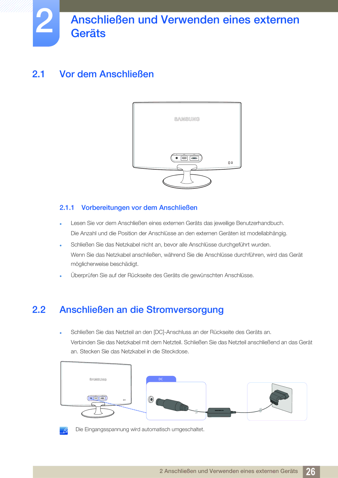 Samsung LS24B350TL/EN manual AnschließenGeräts und Verwenden eines externen, Vor dem Anschließen 