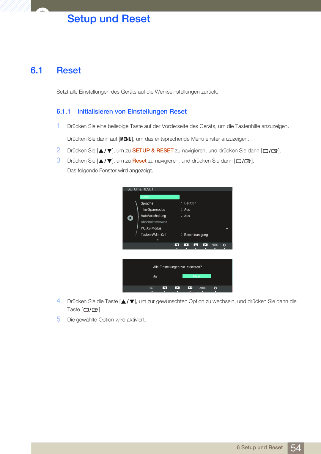 Samsung LS24B350TL/EN manual Setup und Reset, Initialisieren von Einstellungen Reset 