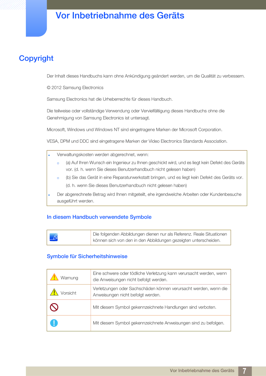 Samsung LS24B350TL/EN manual Vor Inbetriebnahme des Geräts, Copyright, Diesem Handbuch verwendete Symbole 