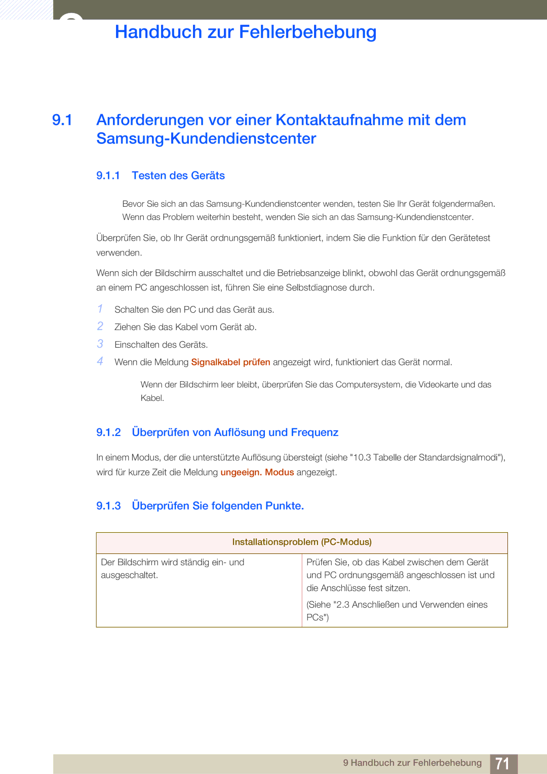 Samsung LS24B350TL/EN manual Handbuch zur Fehlerbehebung, Testen des Geräts, 2 Überprüfen von Auflösung und Frequenz 