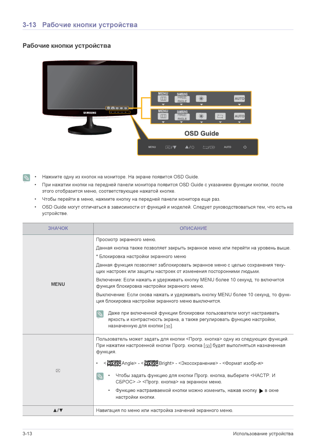 Samsung LS20B370BS/CI, LS24B370HS/EN, LS22B370BS/CI, LS20B370NS/CI manual 13 Рабочие кнопки устройства, Значок Описание 