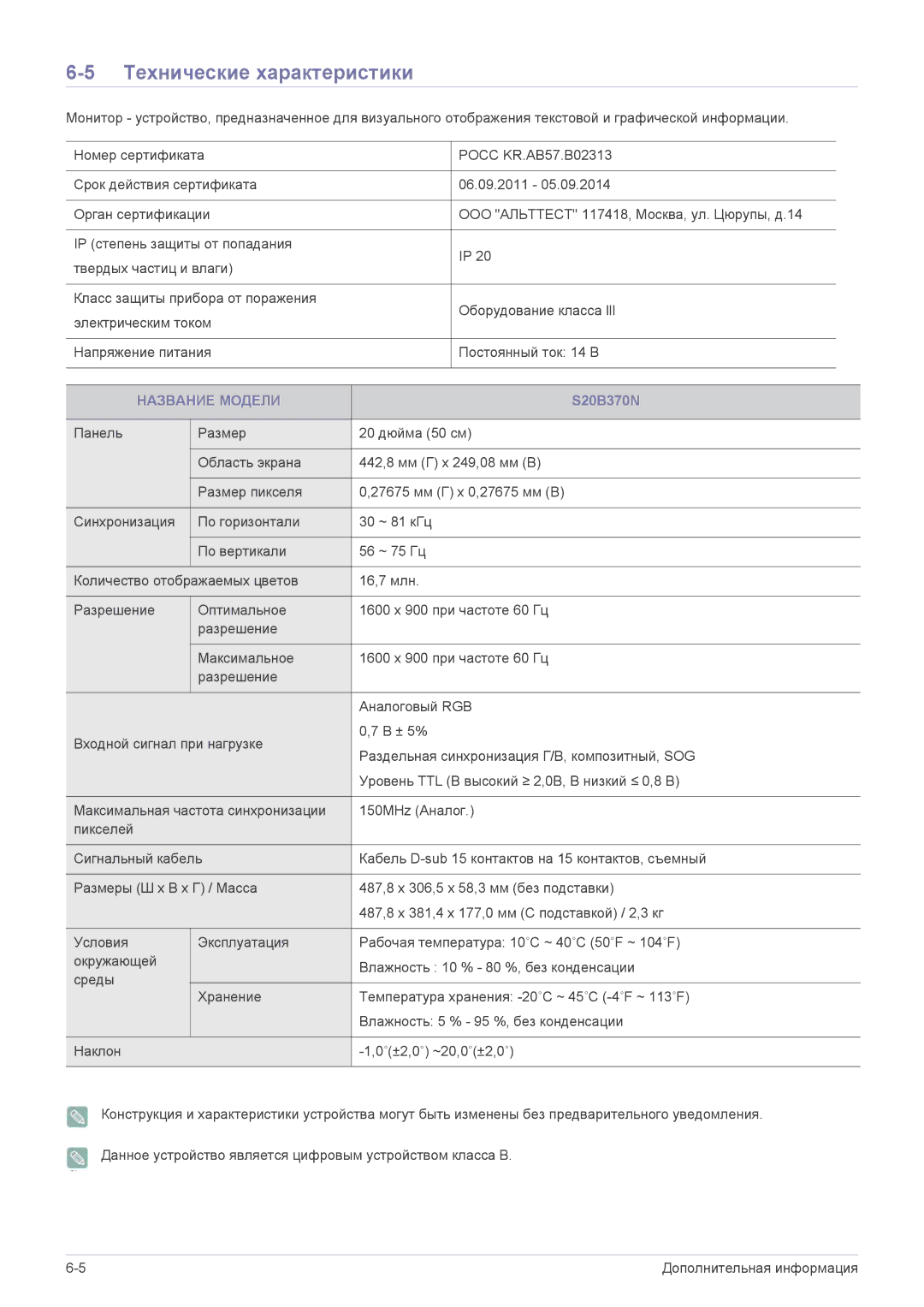 Samsung LS23B370HS/CI, LS24B370HS/EN, LS22B370BS/CI, LS20B370NS/CI, LS24B370HS/CI manual Технические характеристики 