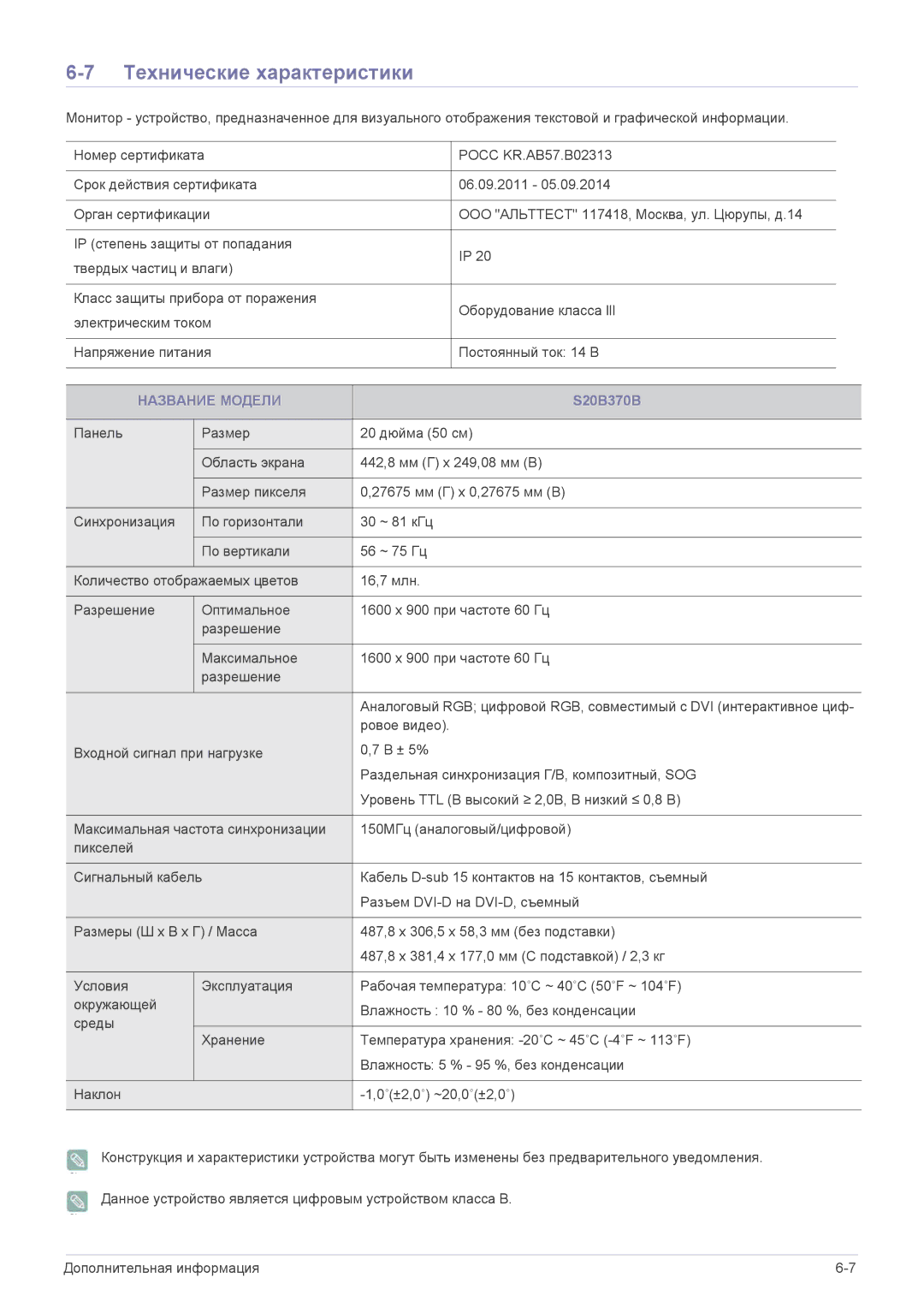 Samsung LS20B370NS/CI, LS24B370HS/EN, LS22B370BS/CI, LS24B370HS/CI, LS22B370HS/CI manual Технические характеристики, S20B370B 