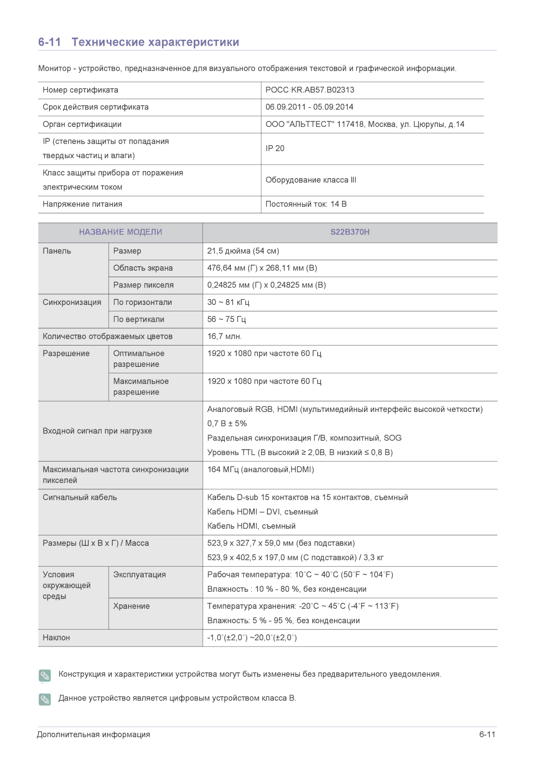 Samsung LS19B370NS/CI, LS24B370HS/EN, LS22B370BS/CI, LS20B370NS/CI, LS24B370HS/CI 11 Технические характеристики, S22B370H 