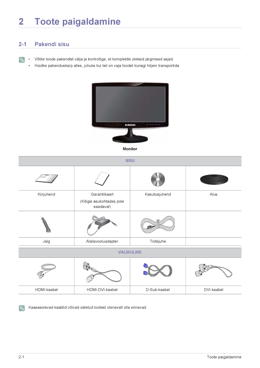 Samsung LS24B370HS/EN manual Pakendi sisu, Sisu, Valikuline 