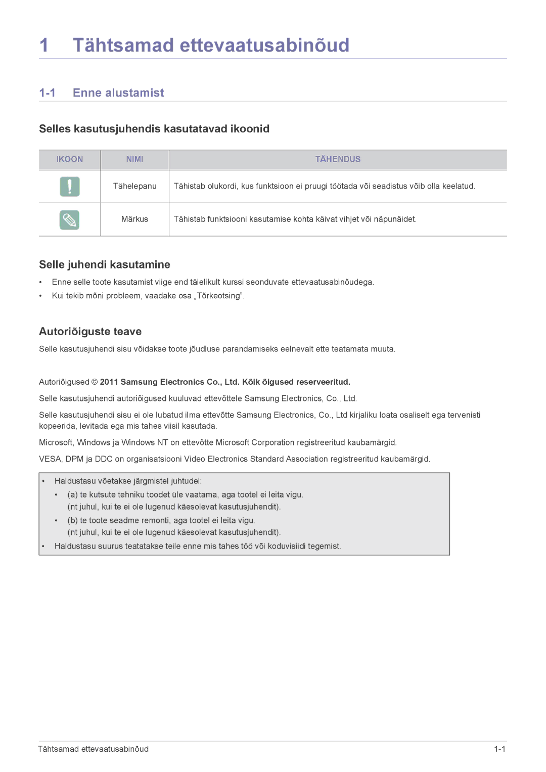 Samsung LS24B370HS/EN manual Enne alustamist, Selles kasutusjuhendis kasutatavad ikoonid, Selle juhendi kasutamine 