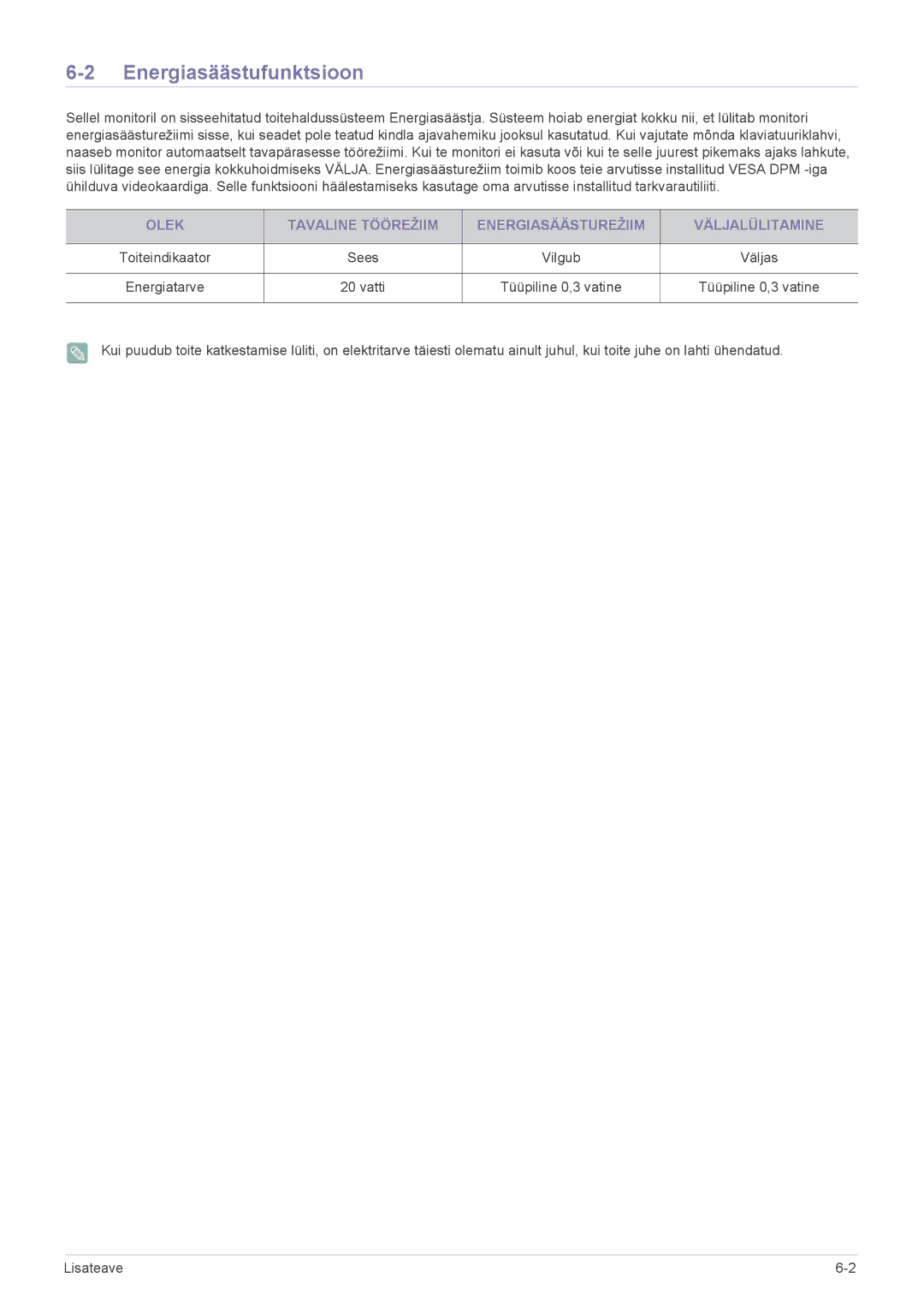 Samsung LS24B370HS/EN manual Energiasäästufunktsioon, Olek Tavaline Töörežiim Energiasäästurežiim Väljalülitamine 