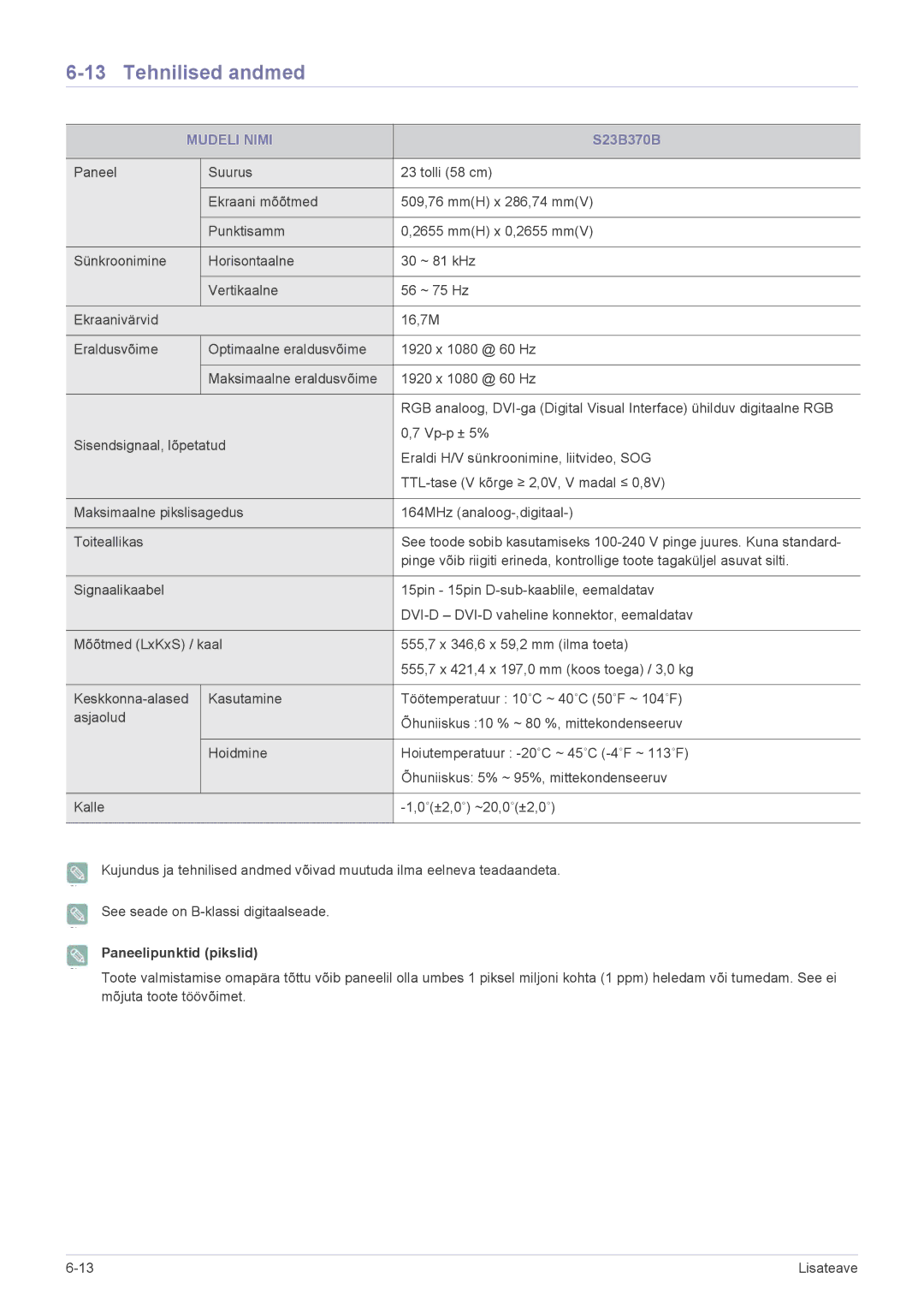 Samsung LS24B370HS/EN manual S23B370B 