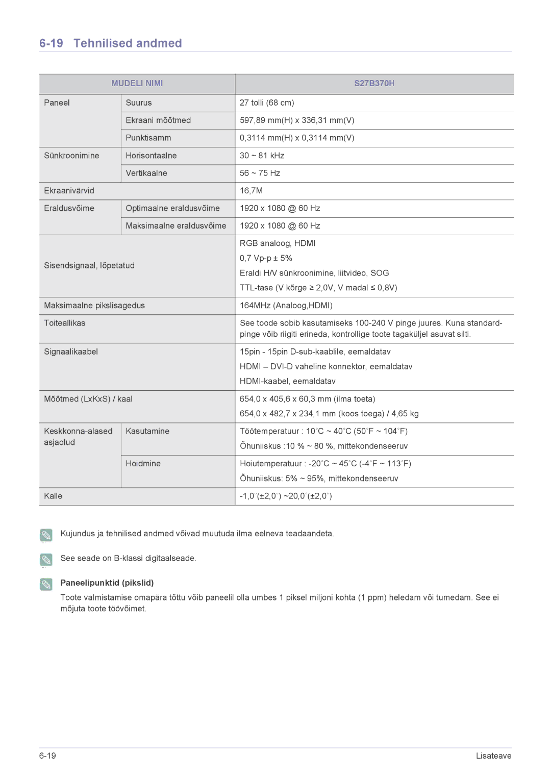 Samsung LS24B370HS/EN manual S27B370H 