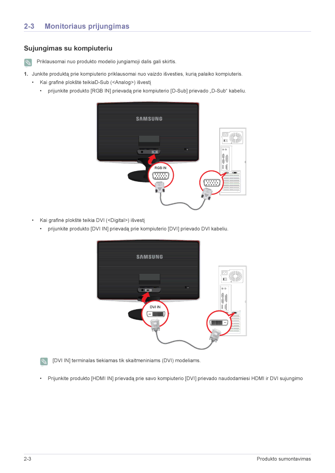 Samsung LS24B370HS/EN manual Monitoriaus prijungimas, Sujungimas su kompiuteriu 