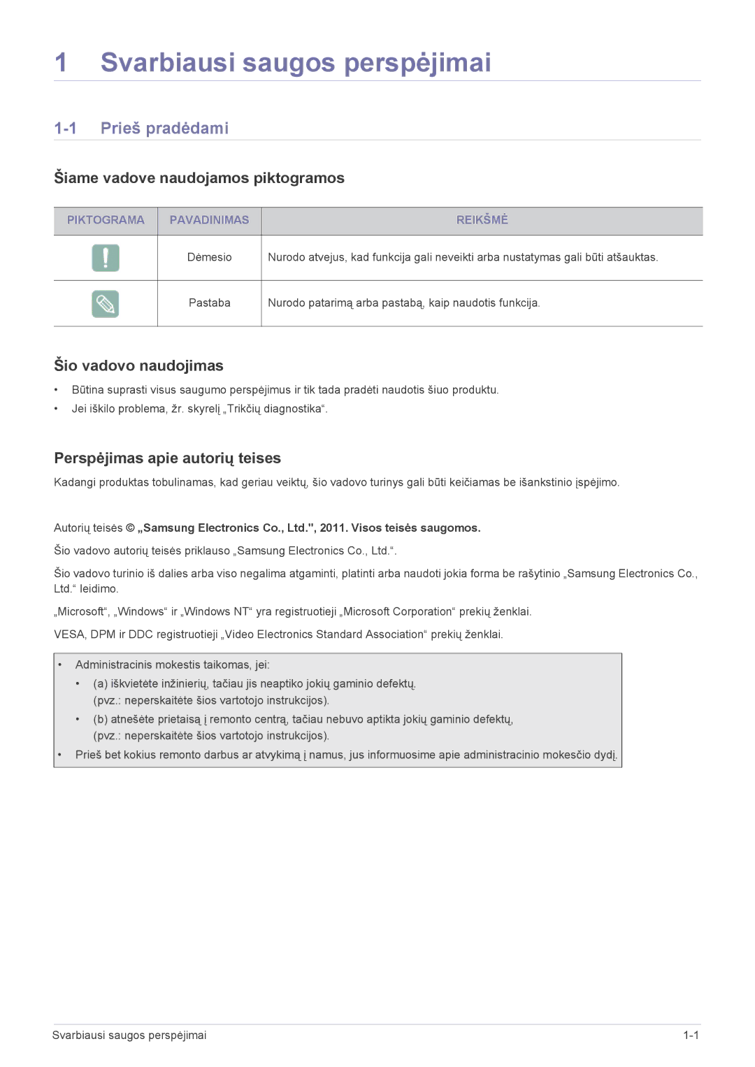 Samsung LS24B370HS/EN manual Prieš pradėdami, Šiame vadove naudojamos piktogramos, Šio vadovo naudojimas 