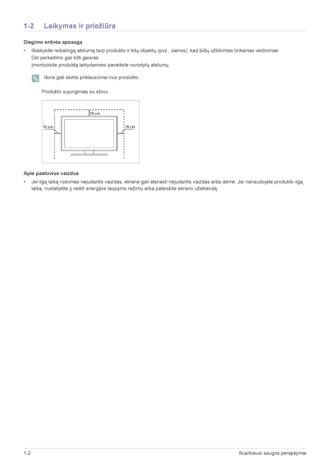 Samsung LS24B370HS/EN manual Laikymas ir priežiūra, Diegimo erdvės apsauga, Apie pastovius vaizdus 