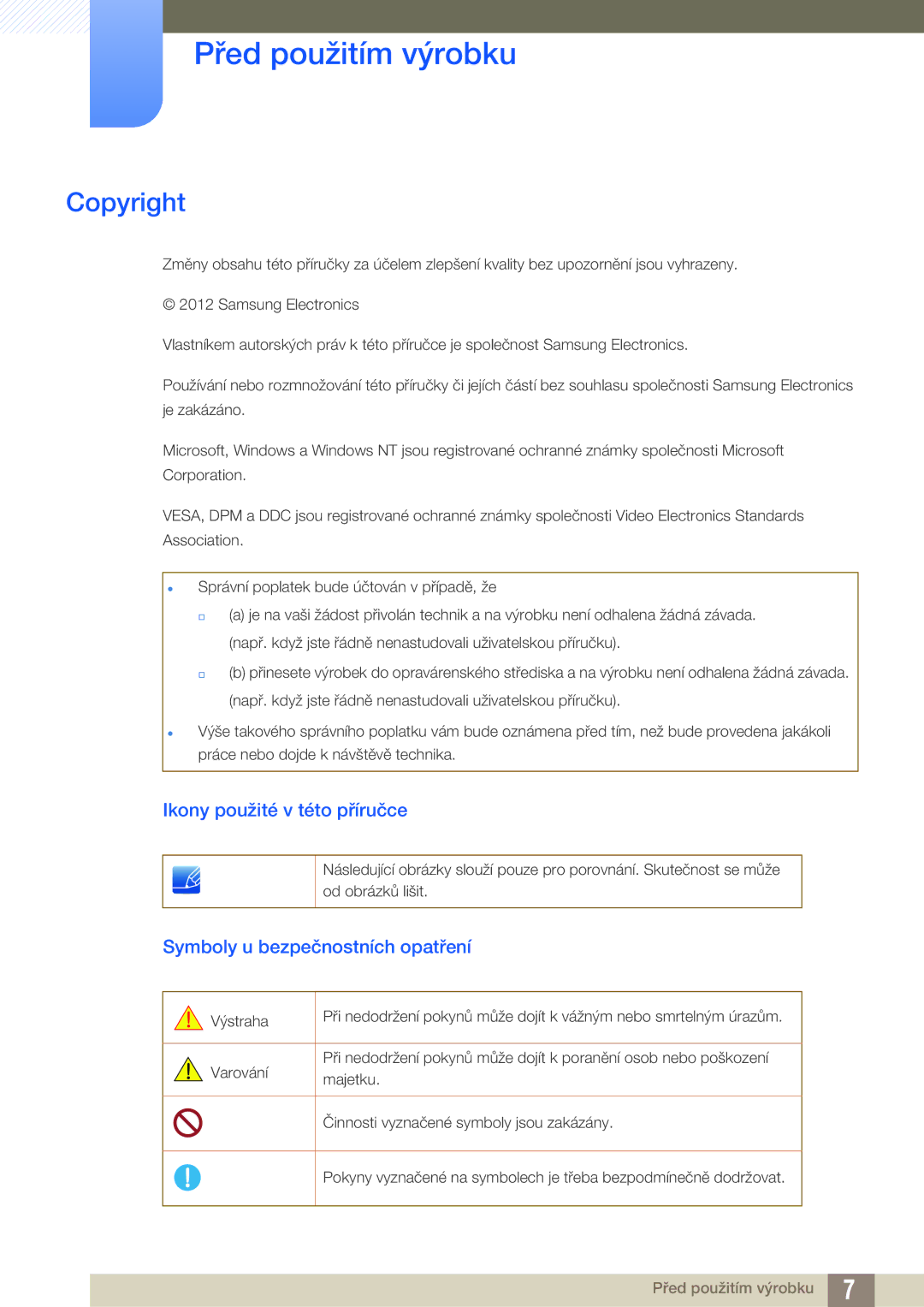 Samsung LS22B420BW/EN Před použitím výrobku, Copyright, Ikony použité v této příručce, Symboly u bezpečnostních opatření 