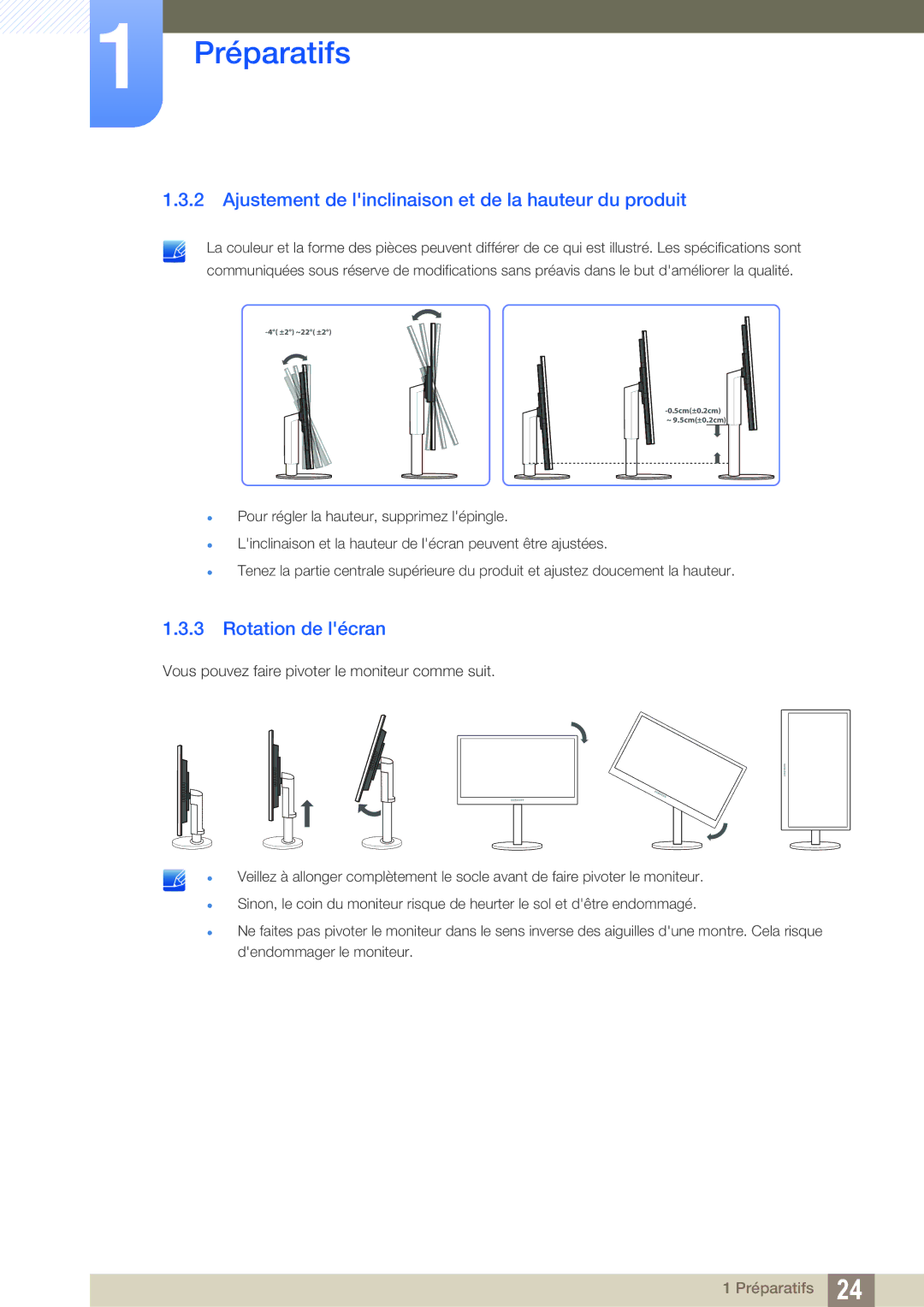 Samsung LS24B420BWV/EN, LS22B420BWV/EN manual Ajustement de linclinaison et de la hauteur du produit, Rotation de lécran 