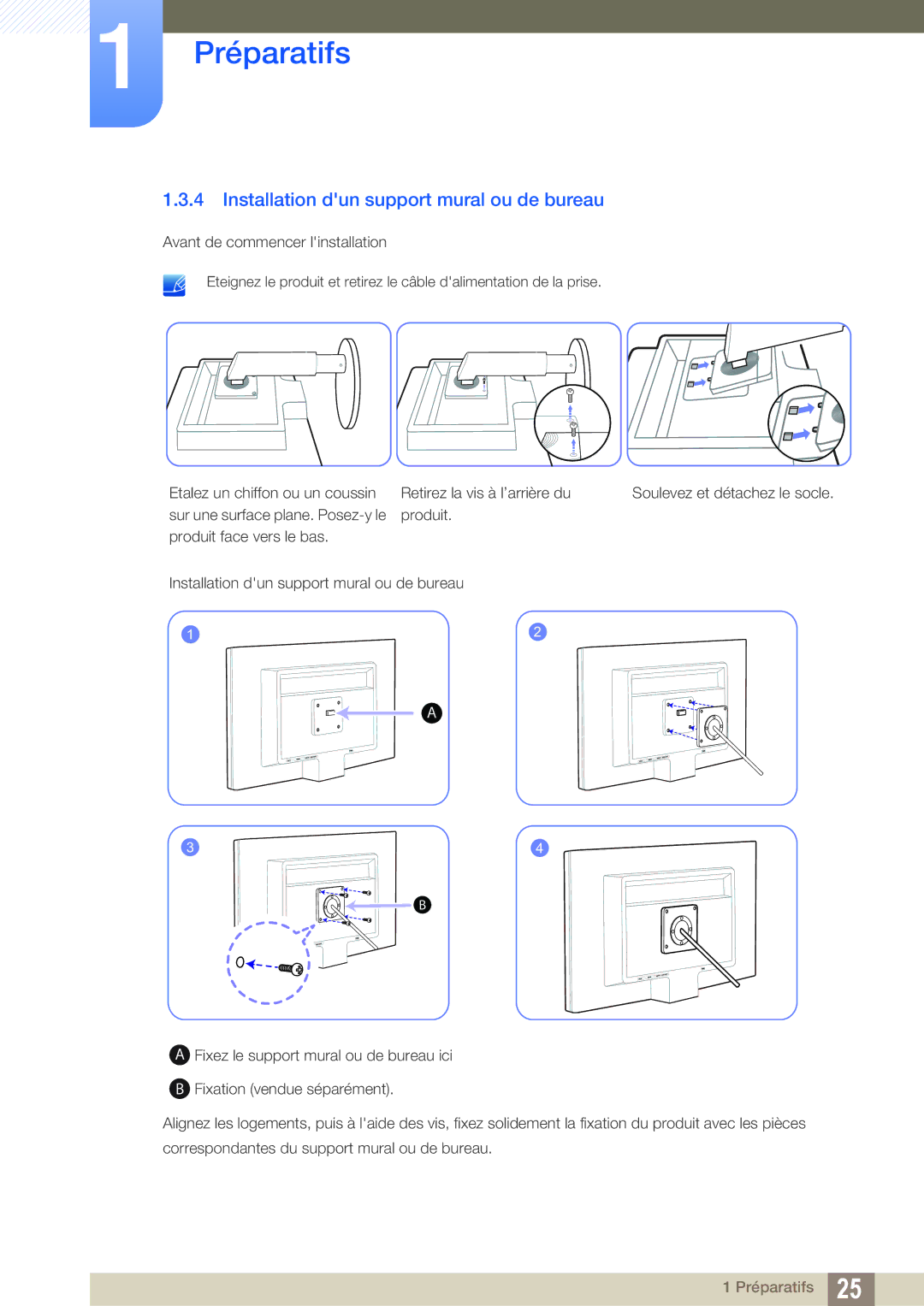 Samsung LS22B420BWV/EN, LS24B420BWV/EN, LS19B420BW/EN, LS22B420BW/EN manual Installation dun support mural ou de bureau 