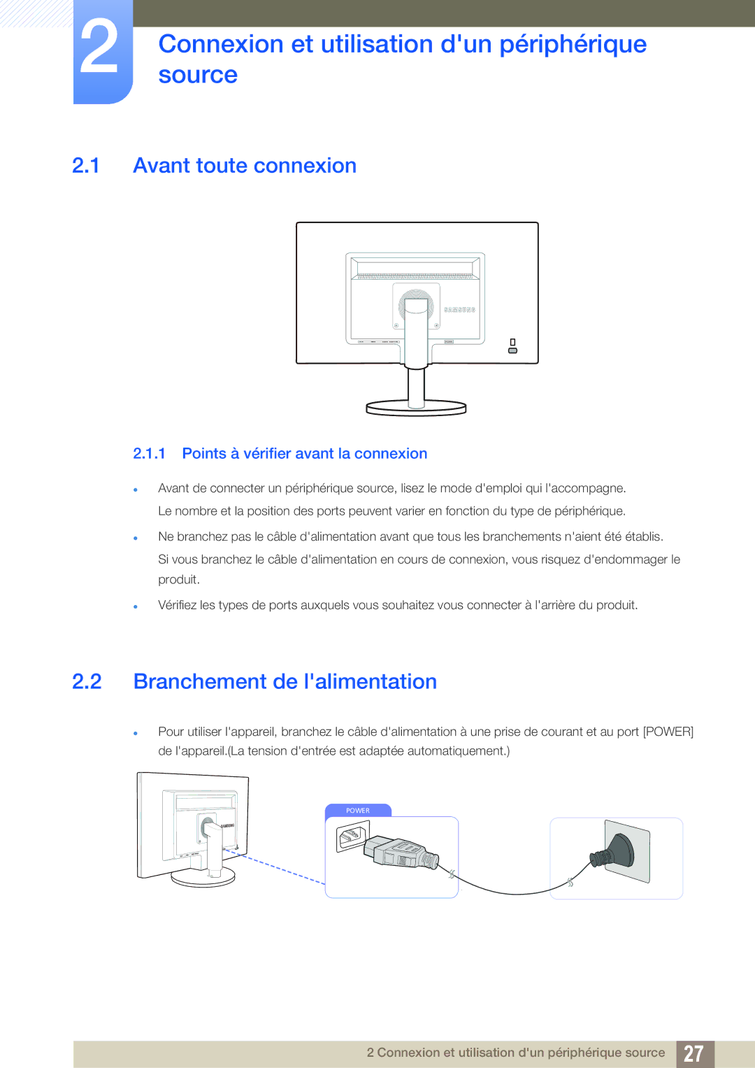 Samsung LS22B420BW/EN Connexionsource et utilisation dun périphérique, Avant toute connexion, Branchement de lalimentation 