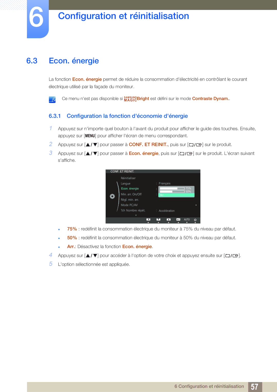 Samsung LS22B420BWV/EN, LS24B420BWV/EN, LS19B420BW/EN manual Econ. énergie, Configuration la fonction déconomie dénergie 