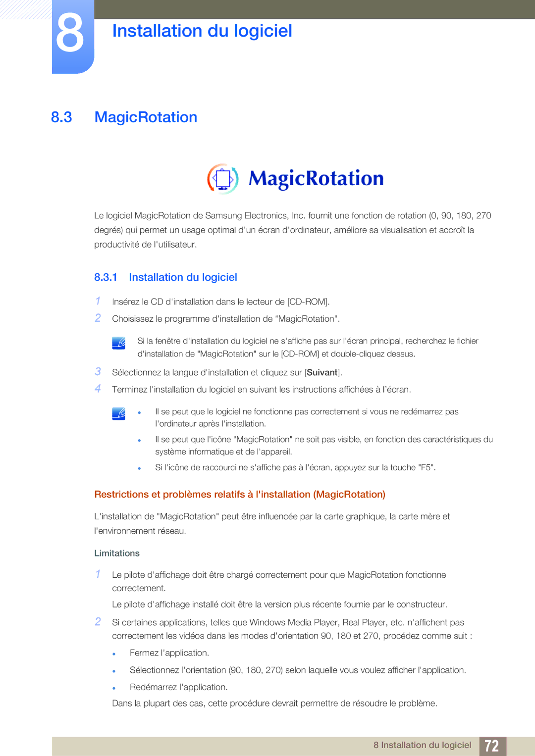 Samsung LS24B420BWV/EN, LS22B420BWV/EN, LS19B420BW/EN, LS22B420BW/EN manual MagicRotation, Limitations 