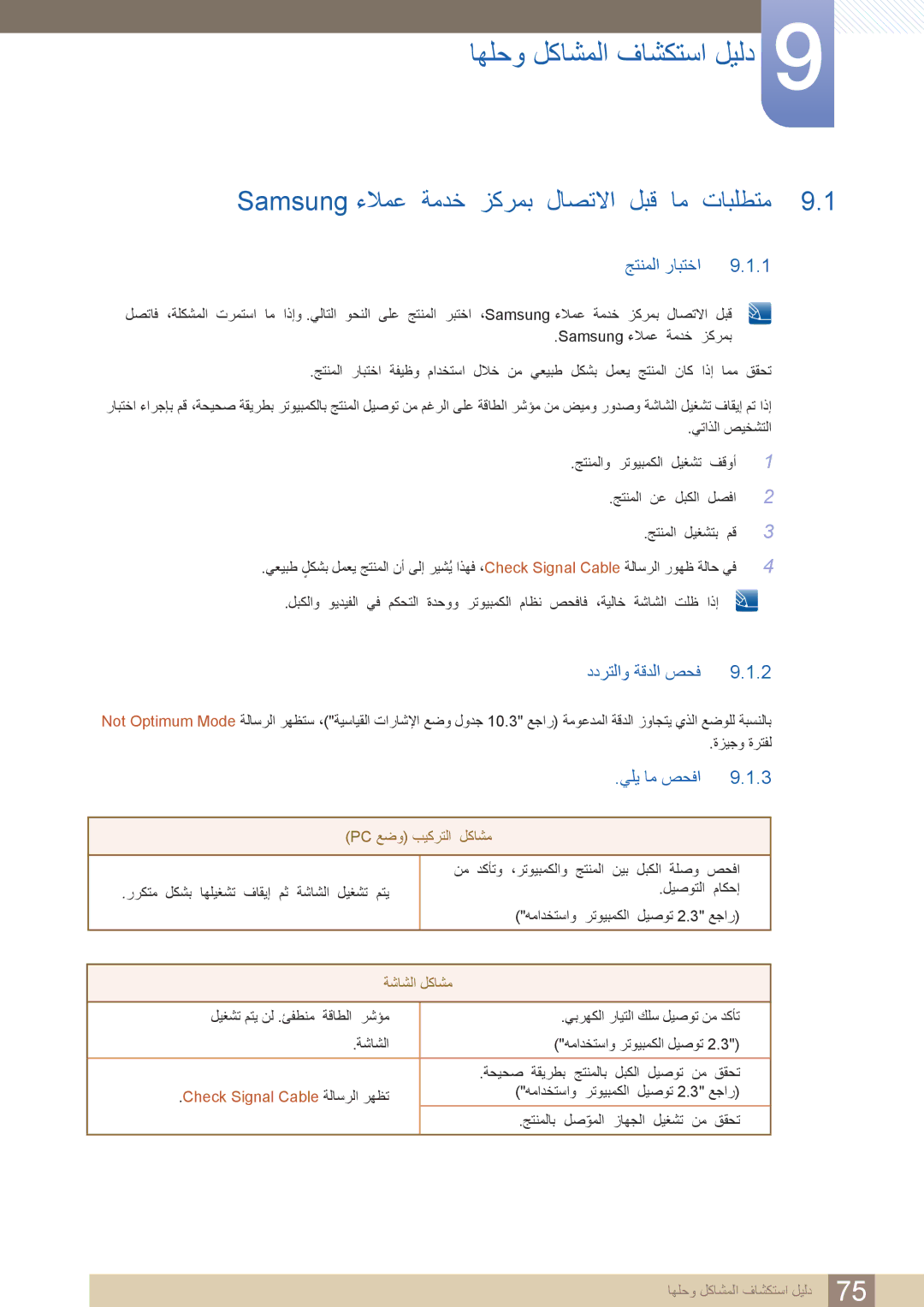 Samsung LS24B420BWV/ZR manual اهلحو لكاشملا فاشكتسا ليلد, Samsung ءلامع ةمدخ زكرمب لاصتلاا لبق تابلطتم, جتنملا رابتخا 