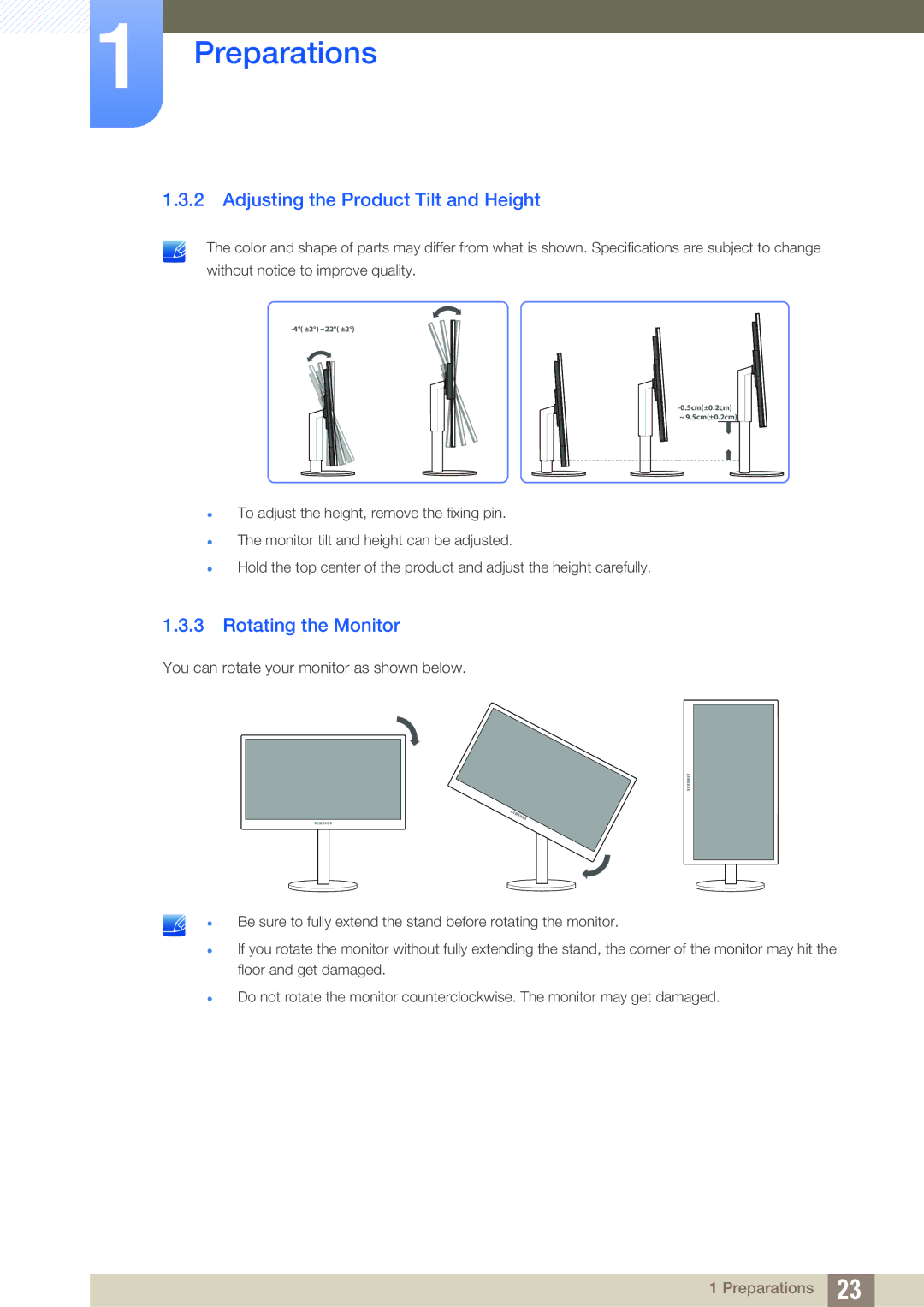 Samsung LS24B420BWV/EN, LS24B42XBWG/EN manual Adjusting the Product Tilt and Height, Rotating the Monitor 