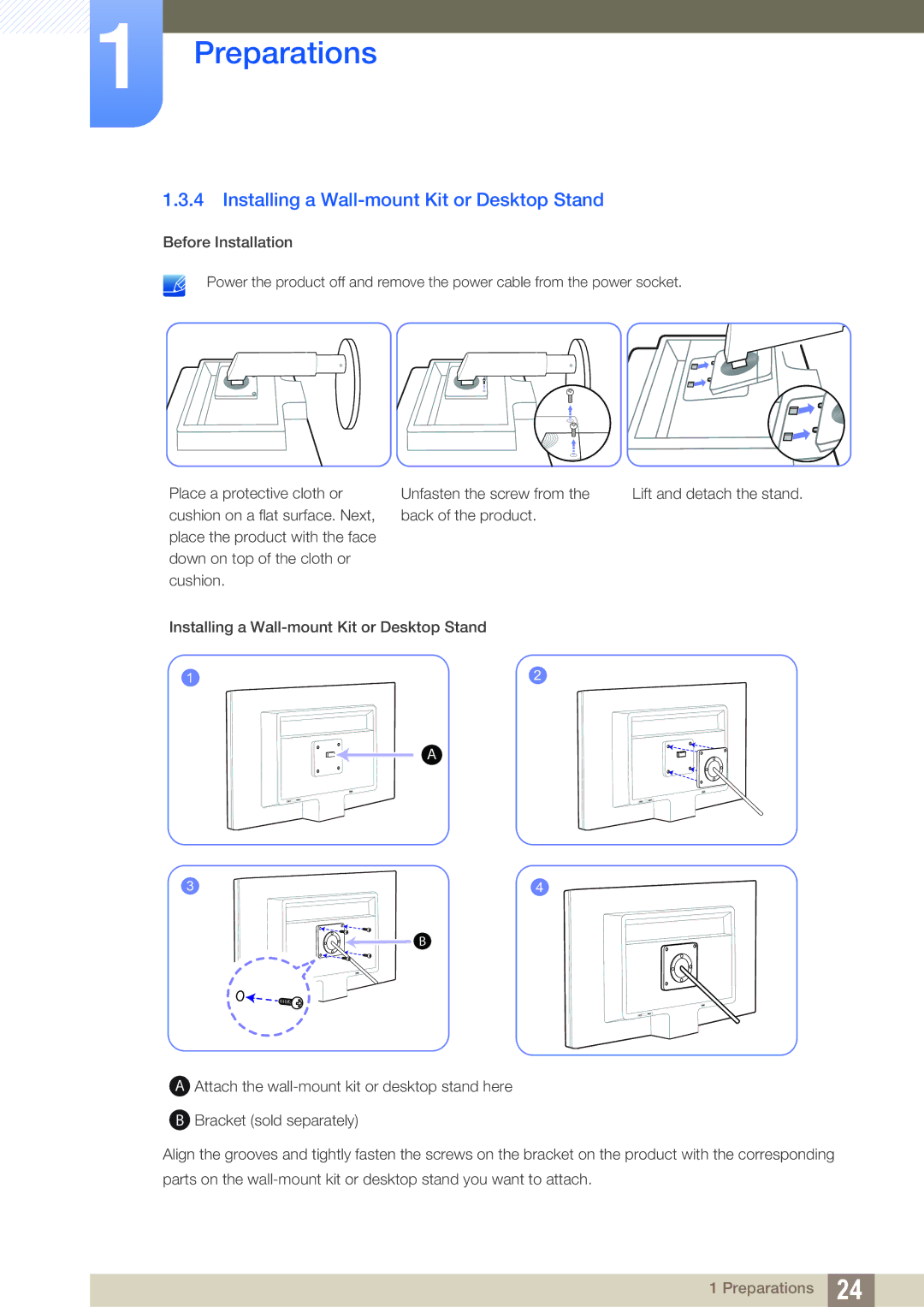 Samsung LS24B42XBWG/EN, LS24B420BWV/EN manual Installing a Wall-mount Kit or Desktop Stand 