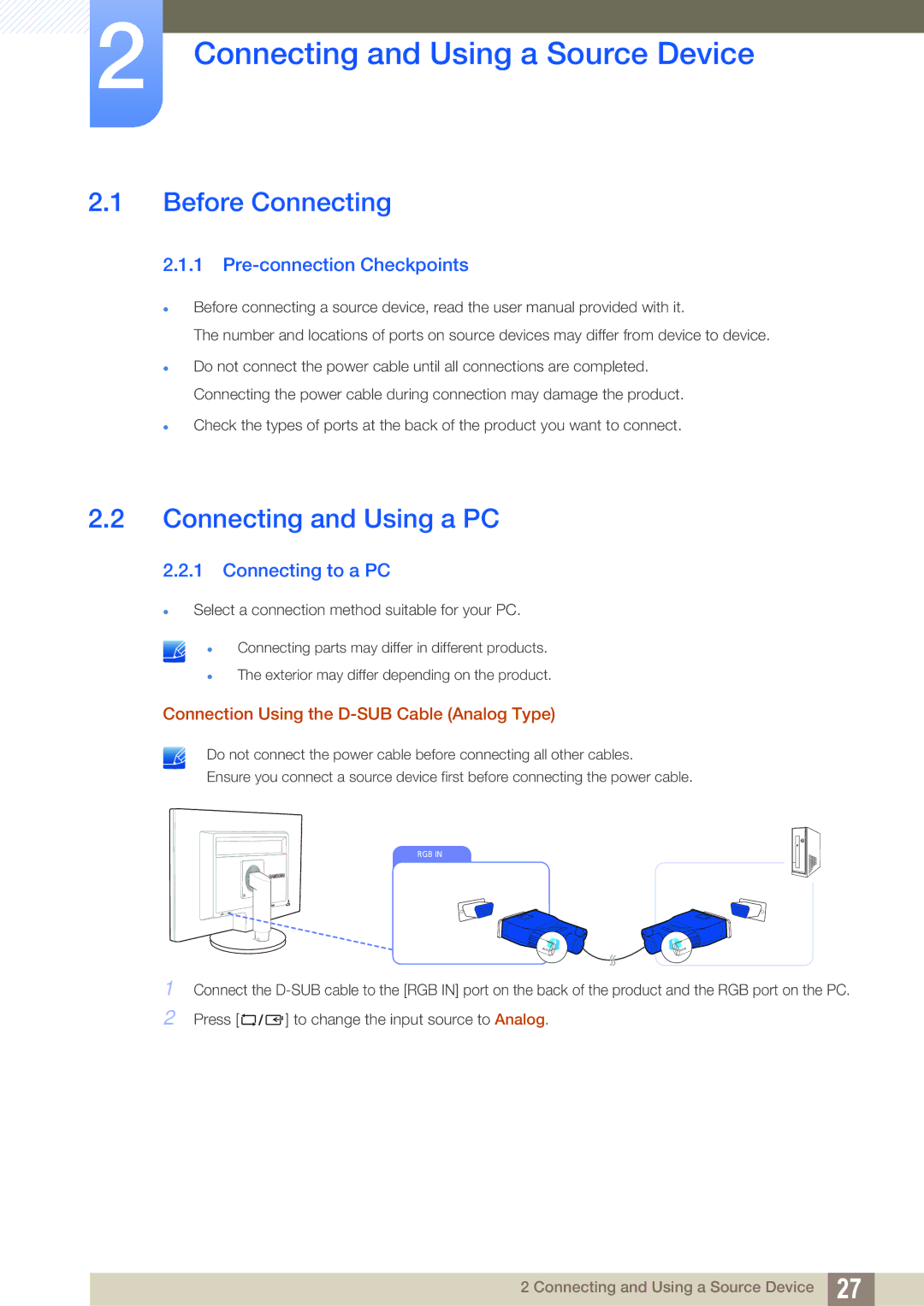 Samsung LS24B420BWV/EN, LS24B42XBWG/EN Connecting and Using a Source Device, Before Connecting, Connecting and Using a PC 