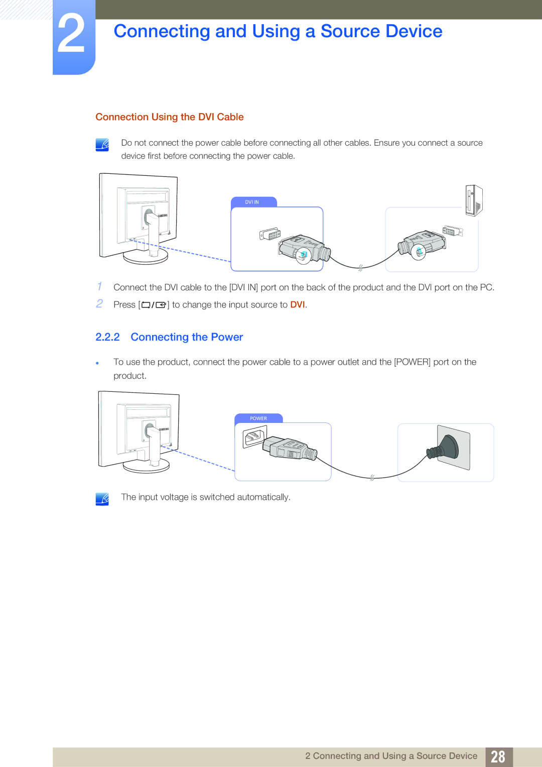 Samsung LS24B42XBWG/EN, LS24B420BWV/EN manual Connecting the Power, Connection Using the DVI Cable 