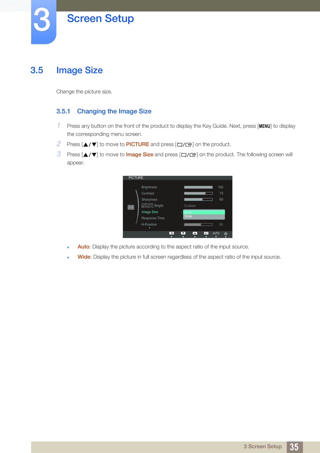 Samsung LS24B420BWV/EN, LS24B42XBWG/EN manual Changing the Image Size 