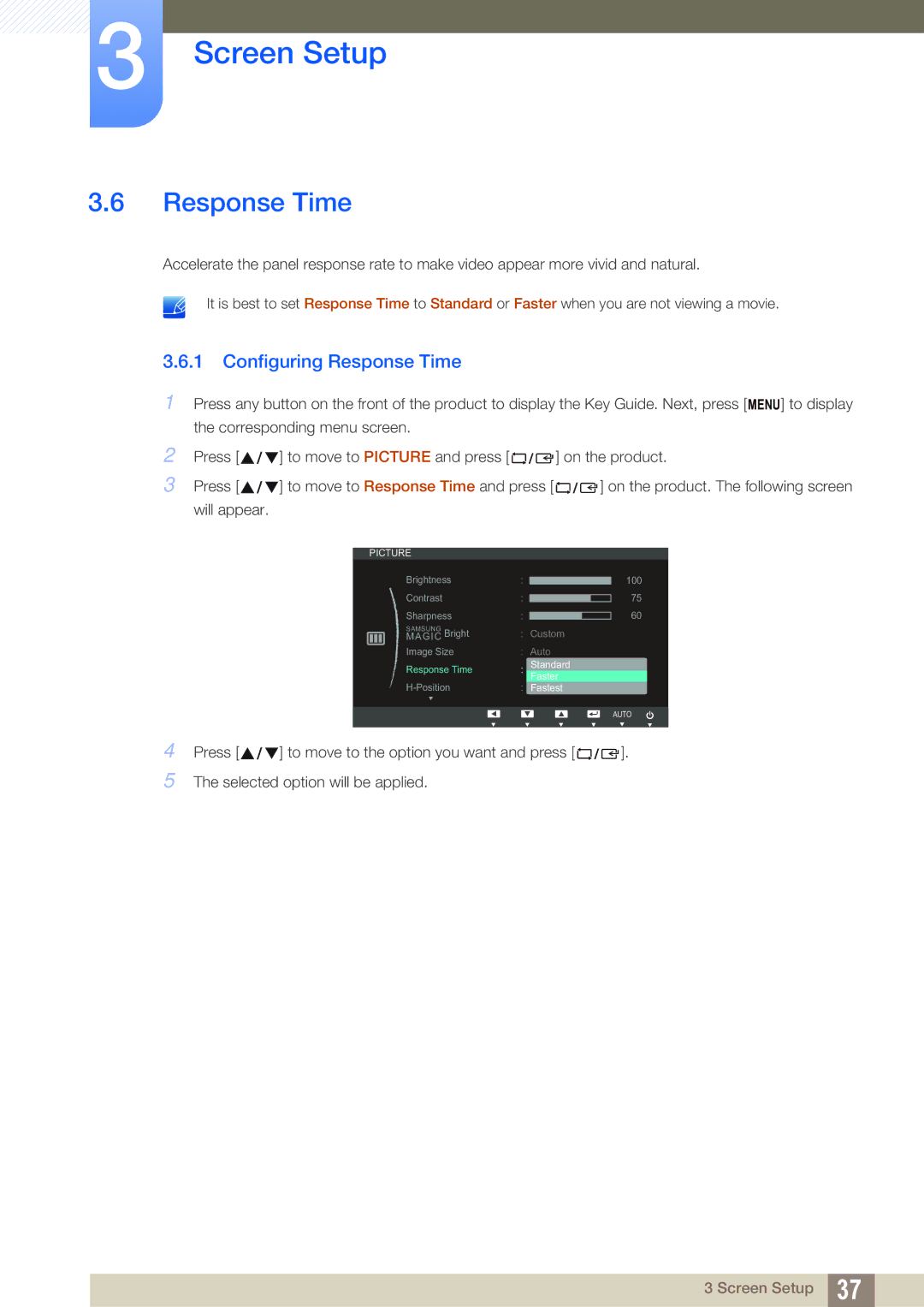 Samsung LS24B420BWV/EN, LS24B42XBWG/EN manual Configuring Response Time 