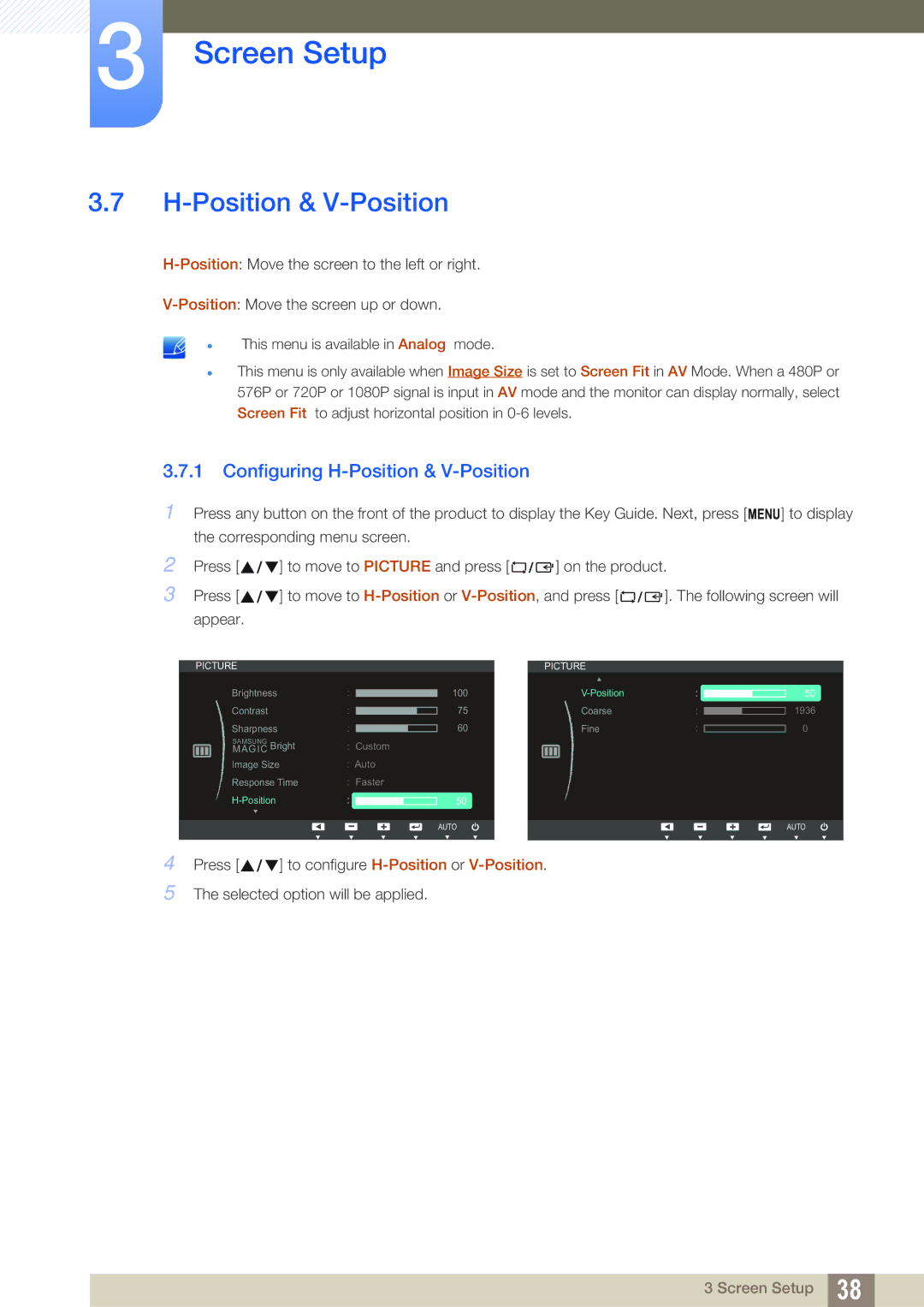 Samsung LS24B42XBWG/EN, LS24B420BWV/EN manual Configuring H-Position & V-Position 