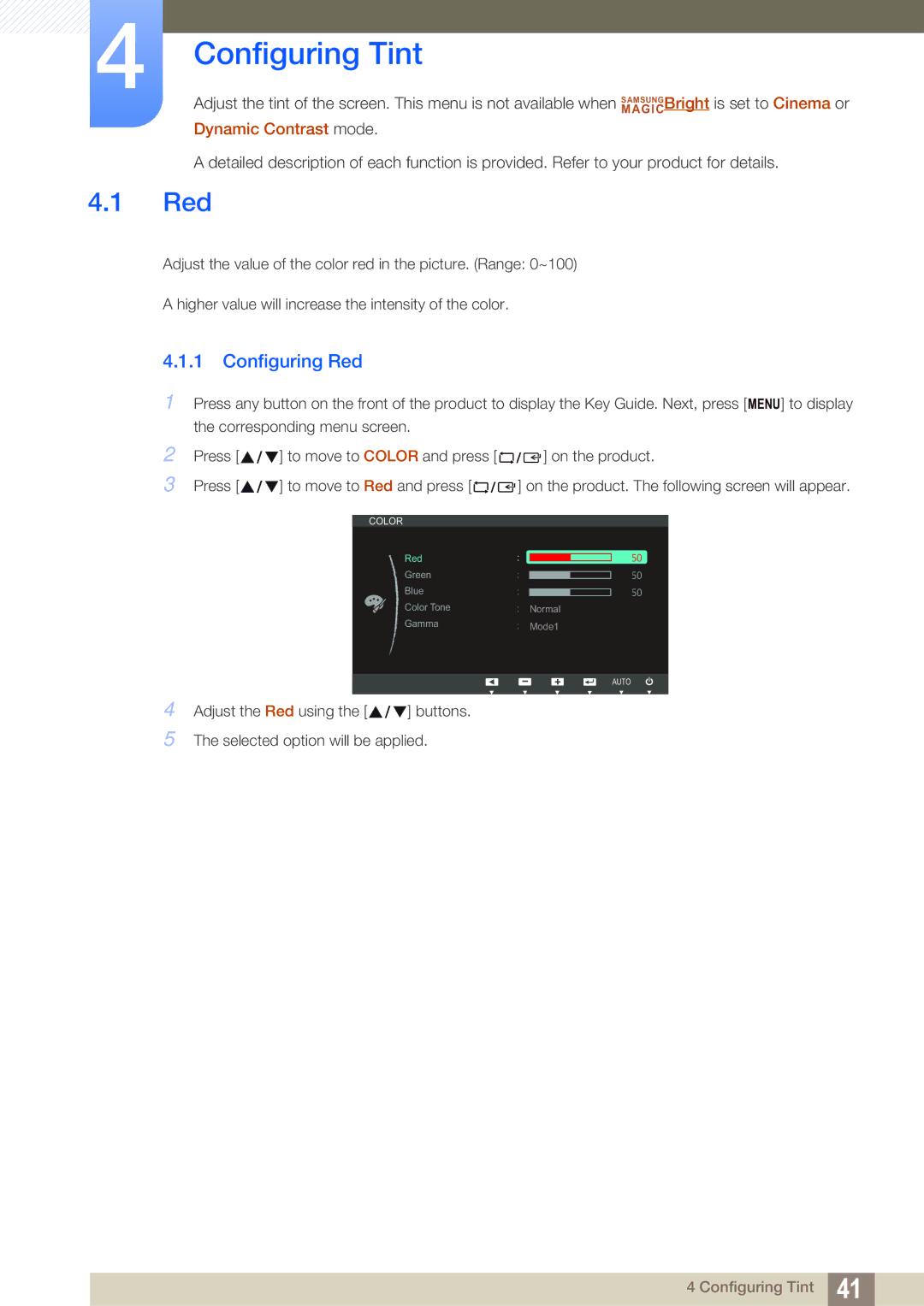Samsung LS24B420BWV/EN, LS24B42XBWG/EN manual Configuring Tint, Configuring Red 