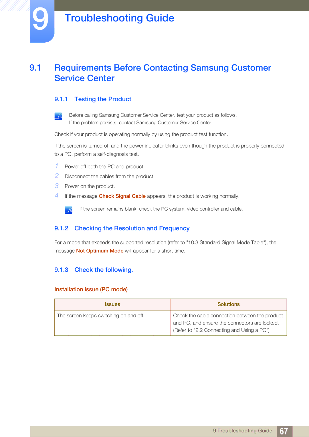 Samsung LS24B420BWV/EN, LS24B42XBWG/EN Troubleshooting Guide, Testing the Product, Checking the Resolution and Frequency 