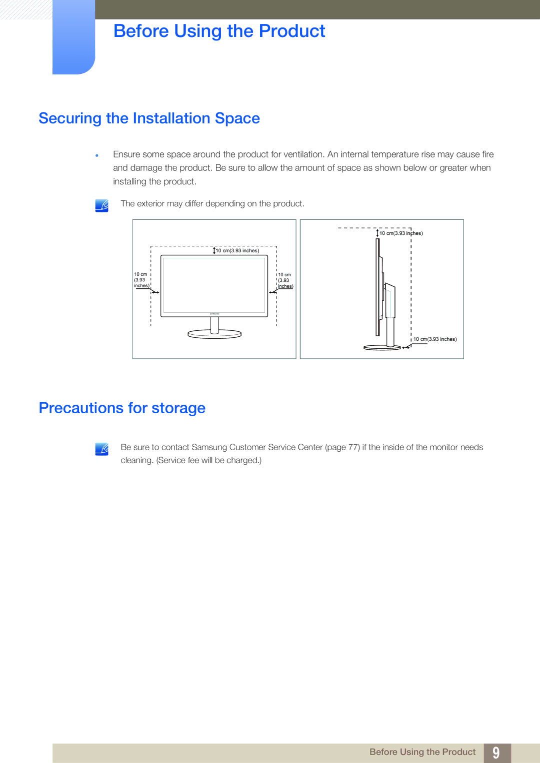 Samsung LS24B420BWV/EN, LS24B42XBWG/EN manual Securing the Installation Space, Precautions for storage 